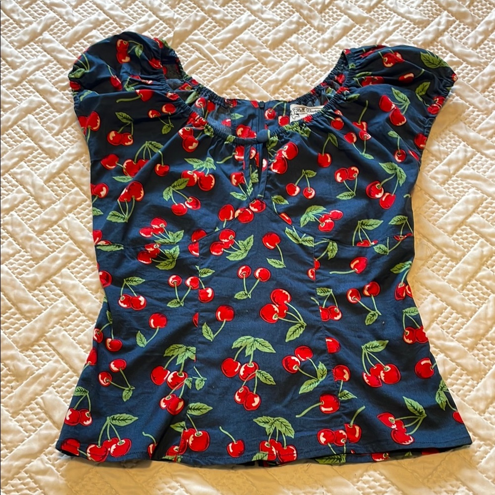 Hell Bunny Cherry Print Navy Top